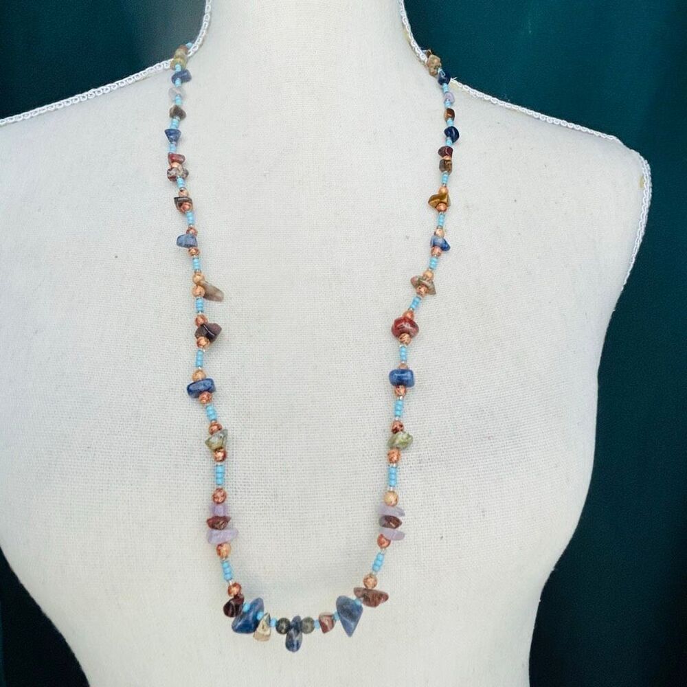 Handcrafted Multi Color Stone Beads and Turquoise Seed Beads Long Wrap Necklace